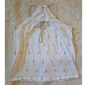 Promod halter Neck Tank with Gold Cactus Pattern French Fashion Brand Medium